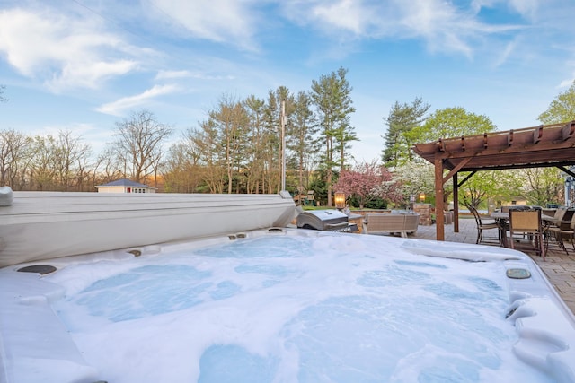 4111 Spotswood Trl, Penn Laird, VA 22846 - view of yard with outdoor dining area, a hot tub, a pergola, and a patio area