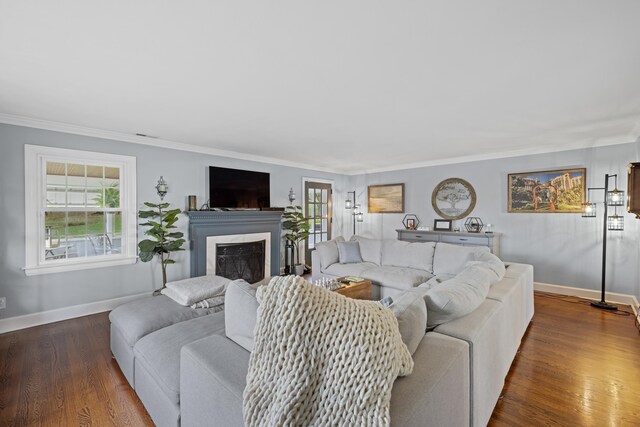 4111 Spotswood Trl, Penn Laird, VA 22846 - living room with baseboards, healthy amount of natural light, a fireplace, wood finished floors, and ornamental molding