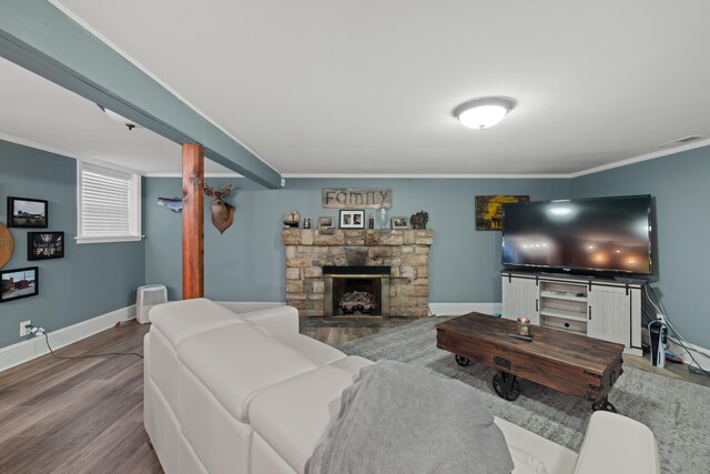 4111 Spotswood Trl, Penn Laird, VA 22846 - living room featuring wood finished floors, ornamental molding, baseboards, and a fireplace