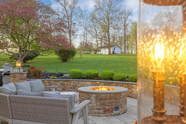 4111 Spotswood Trl, Penn Laird, VA 22846 - view of patio featuring an outdoor living space with a fire pit and an outdoor structure