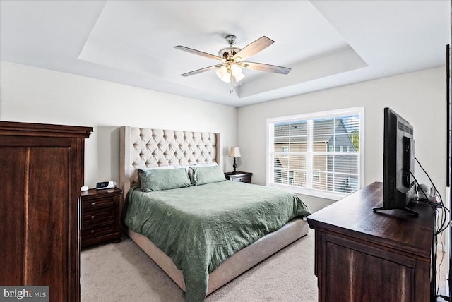 9717 Rockwell Rd, Fredericksburg, VA 22407 - bedroom featuring a tray ceiling, light colored carpet, and a ceiling fan