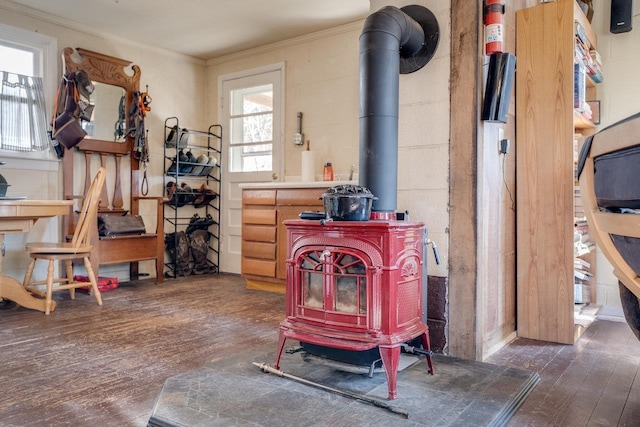 2077 Deerfield Valley Rd, West Augusta, VA 24485 - interior space with a wood stove, crown molding, and hardwood / wood-style floors
