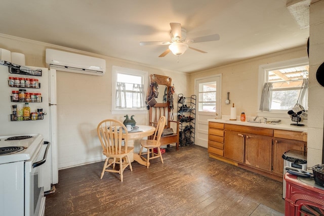 2077 Deerfield Valley Rd, West Augusta, VA 24485 - dining room with a wall mounted air conditioner, dark wood-style flooring, a ceiling fan, and crown molding