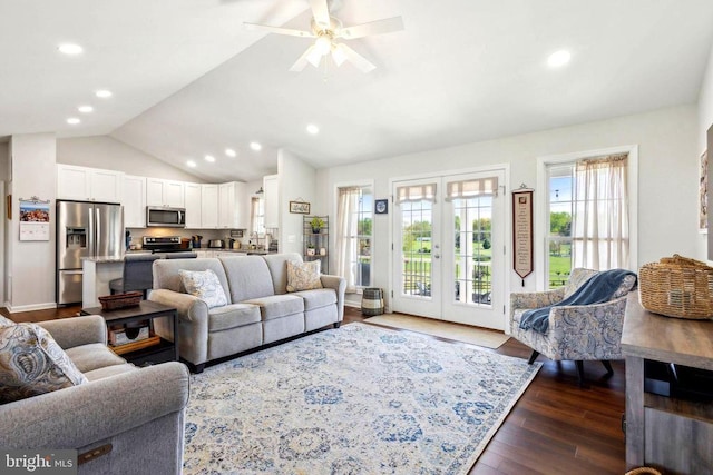 living room with french doors, vaulted ceiling, a ceiling fan, dark wood-style floors, and recessed lighting