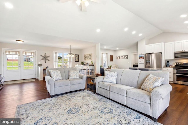 living room with dark wood finished floors, lofted ceiling, ceiling fan, and recessed lighting