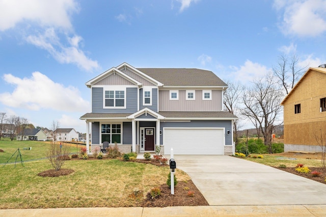 craftsman inspired home with a garage, driveway, a front lawn, a porch, and a shingled roof