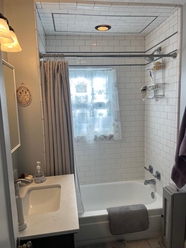 bathroom with shower / bath combination with curtain and vanity