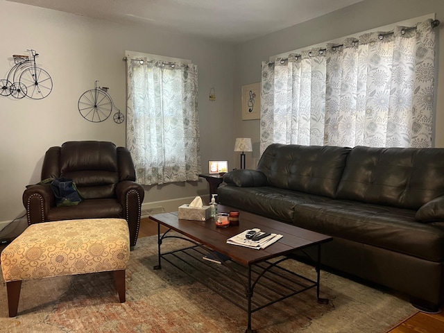 living area featuring wood finished floors and baseboards