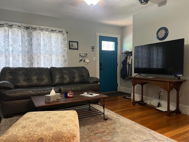 living room featuring wood finished floors and baseboards