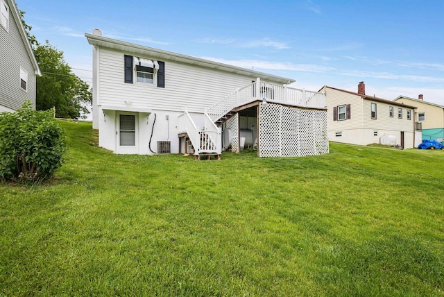 390 Frontier Dr, Staunton, VA 24401 - rear view of property featuring stairs, a lawn, and a wooden deck