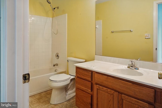 full bathroom with toilet, vanity, tile patterned floors, and washtub / shower combination