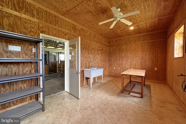 3542 Slate Mills Rd, Sperryville, VA 22740 - miscellaneous room with wooden walls, tile patterned floors, plenty of natural light, and ceiling fan