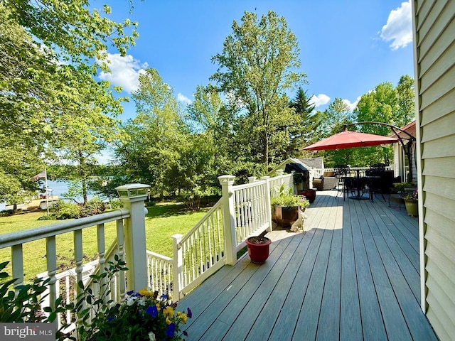 778 Overton Dr, Mineral, VA 23117 - wooden terrace featuring outdoor dining area and a lawn