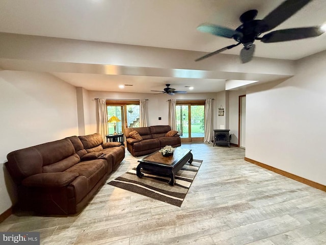 778 Overton Dr, Mineral, VA 23117 - living area featuring a wood stove, ceiling fan, wood finished floors, and baseboards