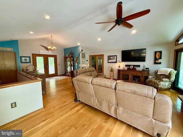 778 Overton Dr, Mineral, VA 23117 - living area with light wood finished floors, vaulted ceiling, french doors, ceiling fan, and recessed lighting