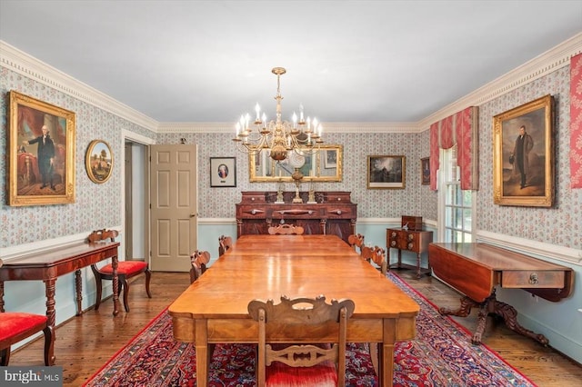 100 River Bend Rd W, Fredericksburg, VA 22407 - dining area with wood finished floors, a chandelier, wallpapered walls, wainscoting, and crown molding