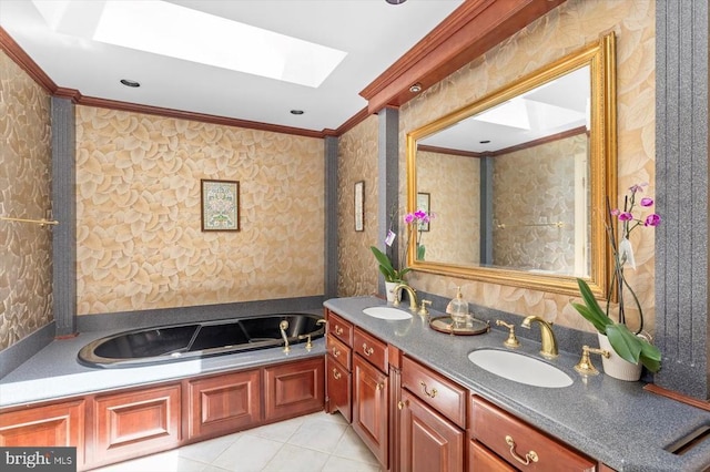100 River Bend Rd W, Fredericksburg, VA 22407 - full bath with a skylight, wallpapered walls, double vanity, crown molding, and a bath