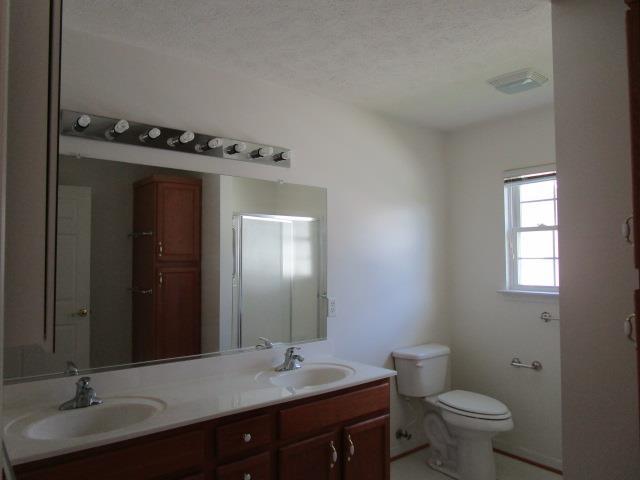 384 Hickory Grove Cir, Harrisonburg, VA 22801 - bathroom featuring double vanity, toilet, and a textured ceiling
