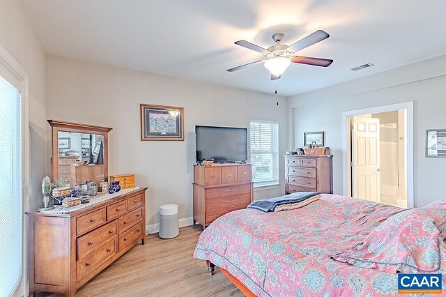 bedroom with a ceiling fan, baseboards, light wood finished floors, and visible vents