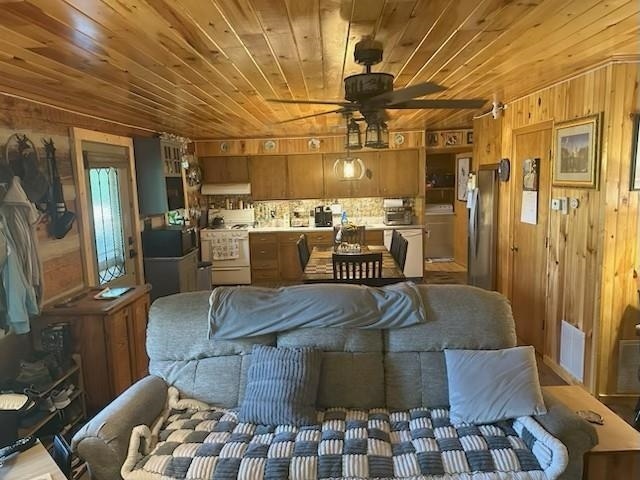 1063 High Valley Dr, Monterey, VA 24465 - dining space with ceiling fan, wood walls, wooden ceiling, and washer / clothes dryer