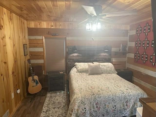 1063 High Valley Dr, Monterey, VA 24465 - bedroom featuring wood ceiling, wood finished floors, wood walls, and ceiling fan