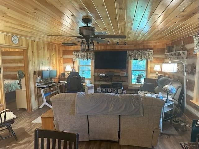1063 High Valley Dr, Monterey, VA 24465 - living area featuring wooden ceiling, wood walls, a ceiling fan, and wood finished floors