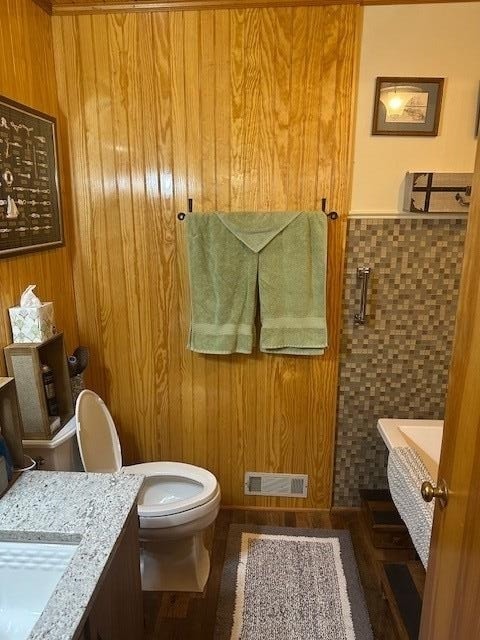 1063 High Valley Dr, Monterey, VA 24465 - bathroom with vanity, a wainscoted wall, tile walls, and wood walls