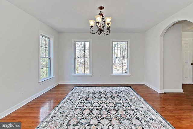 unfurnished dining area featuring wood finished floors, a healthy amount of sunlight, and arched walkways