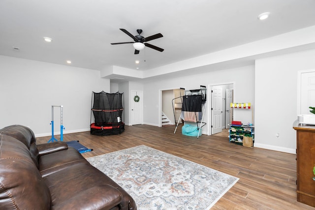 114 Jaspers Ln, Stuarts Draft, VA 24477 - living area with a ceiling fan, stairs, wood finished floors, baseboards, and recessed lighting