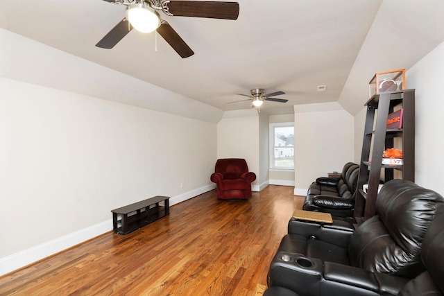 114 Jaspers Ln, Stuarts Draft, VA 24477 - living area featuring ceiling fan, vaulted ceiling, light wood finished floors, and baseboards