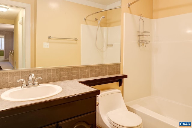 full bathroom with toilet, shower / bathtub combination, vanity, and decorative backsplash
