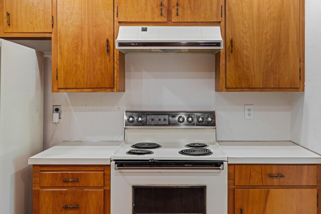 192 Sandy Ridge Rd, Waynesboro, VA 22801 - kitchen with white appliances, under cabinet range hood, light countertops, and brown cabinets