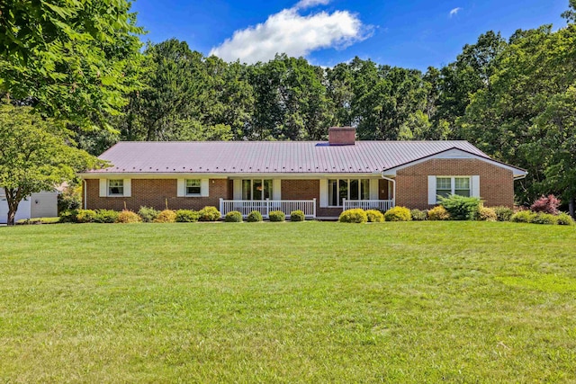 192 Sandy Ridge Rd, Waynesboro, VA 22801 - ranch-style home with a chimney, covered porch, brick siding, and a front yard