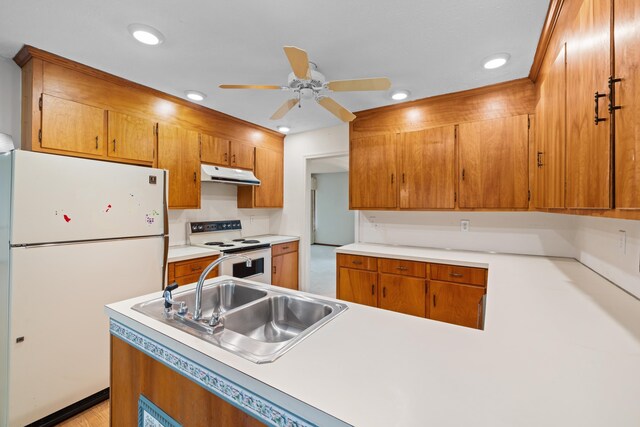 192 Sandy Ridge Rd, Waynesboro, VA 22801 - kitchen featuring white appliances, under cabinet range hood, a ceiling fan, recessed lighting, and light countertops
