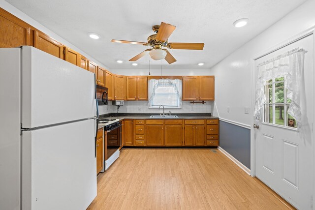 192 Sandy Ridge Rd, Waynesboro, VA 22801 - kitchen featuring freestanding refrigerator, gas range, black microwave, light wood-style floors, and healthy amount of natural light