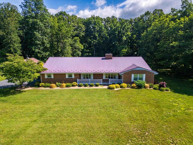 192 Sandy Ridge Rd, Waynesboro, VA 22801 - single story home with a chimney, a metal roof, a front yard, a porch, and brick siding