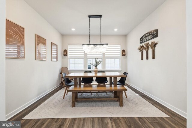2089 Whithorn Hl, Jeffersonton, VA 22724 - dining space with baseboards, dark wood finished floors, a chandelier, and recessed lighting