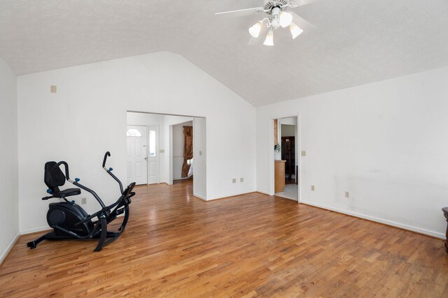 49 Bridgeport Dr, Waynesboro, VA 22980 - exercise area featuring light wood-style flooring, a ceiling fan, baseboards, and high vaulted ceiling
