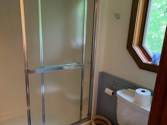 625 Hummingbird Ln, Monterey, VA 24465 - full bathroom with a shower with shower door and a wainscoted wall