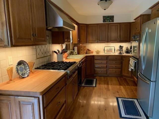 625 Hummingbird Ln, Monterey, VA 24465 - kitchen with stainless steel appliances, range hood, light wood finished floors, a sink, and light countertops