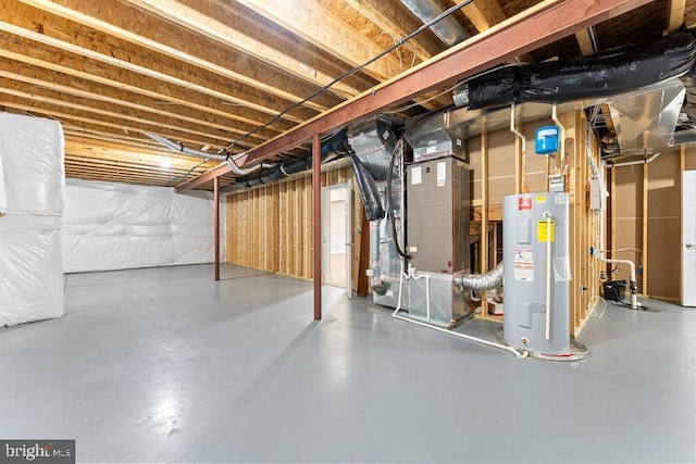 unfinished below grade area featuring electric water heater and heating unit
