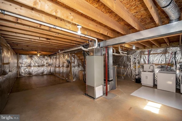 unfinished basement featuring washing machine and clothes dryer and heating unit