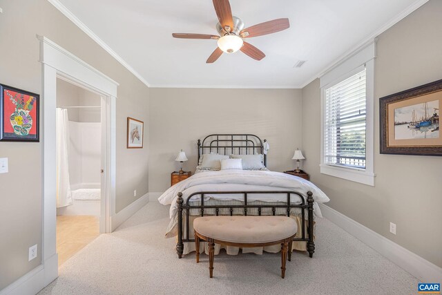 2055 Thomas Jefferson Pkwy, Charlottesville, VA 22902 - carpeted bedroom with crown molding, connected bathroom, ceiling fan, and visible vents