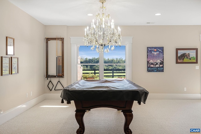 2055 Thomas Jefferson Pkwy, Charlottesville, VA 22902 - rec room with carpet, billiards, baseboards, and an inviting chandelier