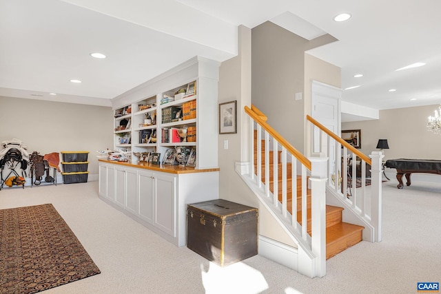 2055 Thomas Jefferson Pkwy, Charlottesville, VA 22902 - staircase featuring pool table, carpet flooring, and recessed lighting