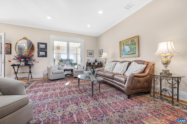2055 Thomas Jefferson Pkwy, Charlottesville, VA 22902 - living room featuring ornamental molding, wood finished floors, baseboards, and recessed lighting
