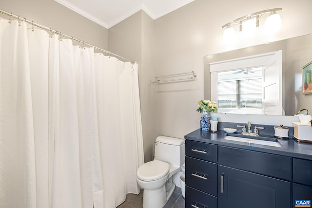 2055 Thomas Jefferson Pkwy, Charlottesville, VA 22902 - bathroom featuring tile patterned floors, toilet, vanity, and ornamental molding