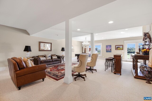 2055 Thomas Jefferson Pkwy, Charlottesville, VA 22902 - carpeted living area featuring an inviting chandelier, baseboards, and recessed lighting