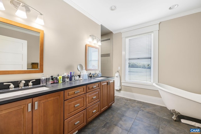 2055 Thomas Jefferson Pkwy, Charlottesville, VA 22902 - full bathroom featuring a sink, crown molding, double vanity, and a freestanding tub