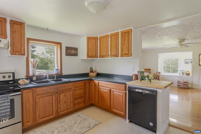 5072 Scottsville Rd, Charlottesville, VA 22902 - kitchen featuring stainless steel range with electric stovetop, black dishwasher, a sink, brown cabinetry, and extractor fan